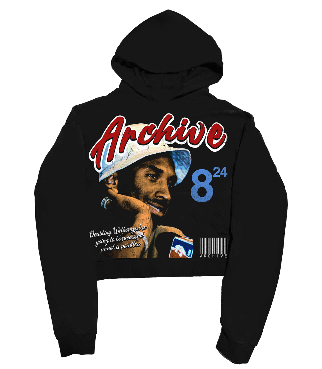 Black graphic hoodie with Archive front print and blue number back graphic