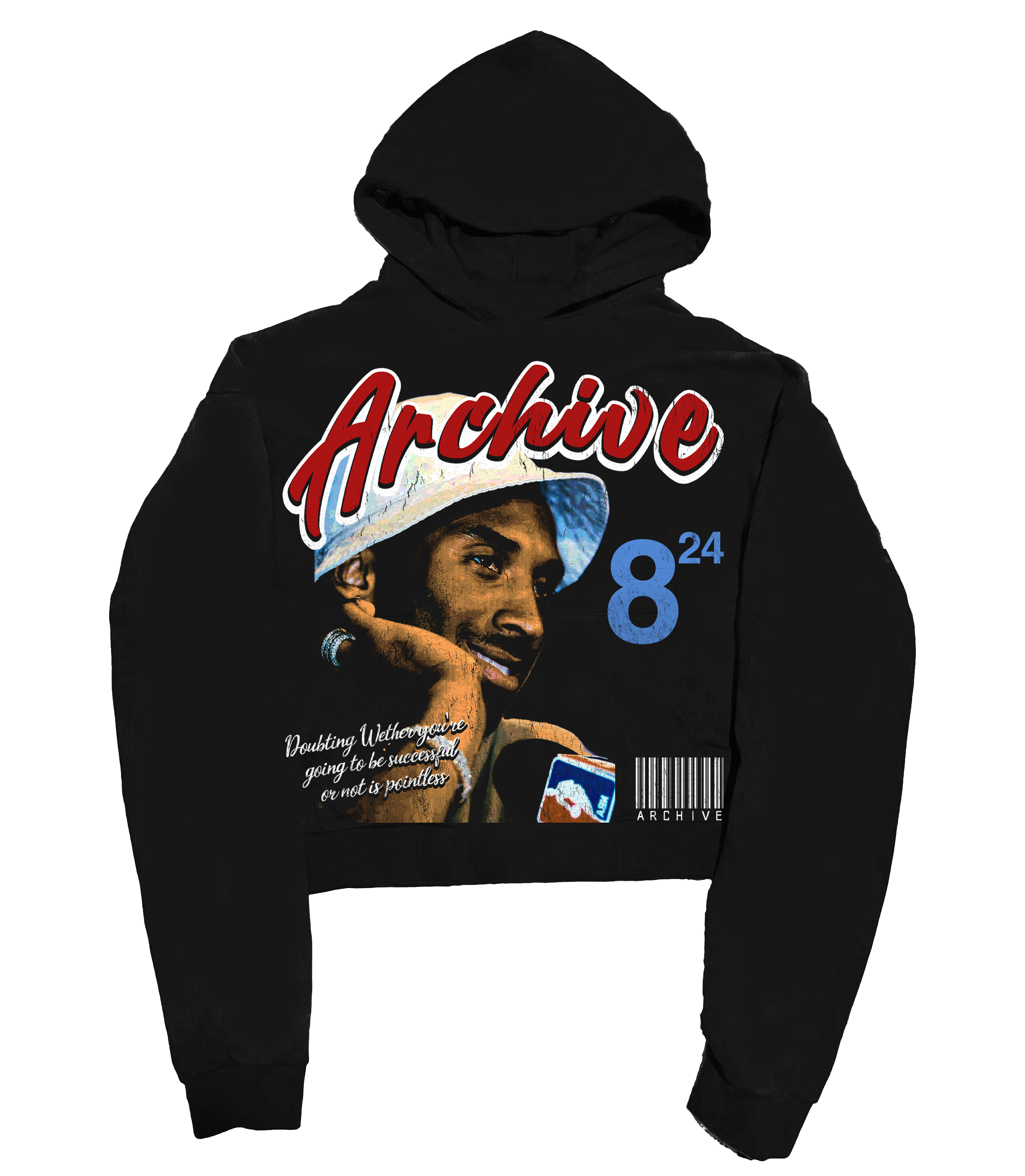Black graphic hoodie with Archive front print and blue number back graphic