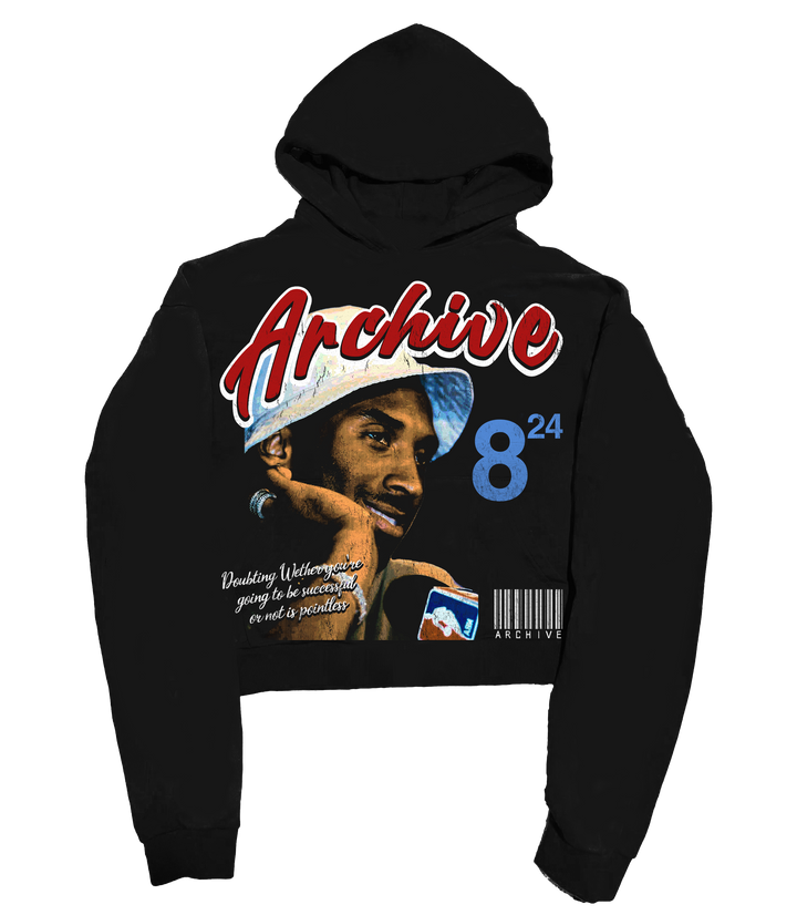 Black graphic hoodie with Archive front print and blue number back graphic