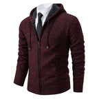 Men's textured zip cardigan with hooded collar and ribbed trims