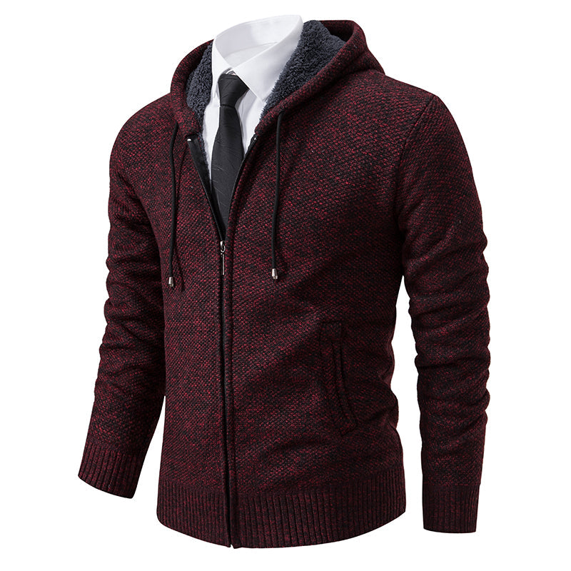Men's textured zip cardigan with hooded collar and ribbed trims