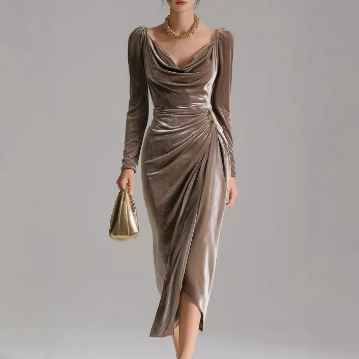 Women's Draped Velvet Midi Dress with Cowl Neckline