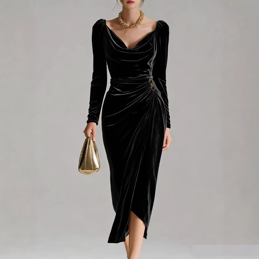 Women's Draped Velvet Midi Dress with Cowl Neckline