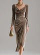 Women's Draped Velvet Midi Dress with Cowl Neckline