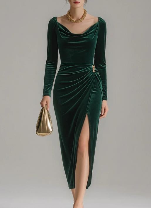 Women's Draped Velvet Midi Dress with Cowl Neckline
