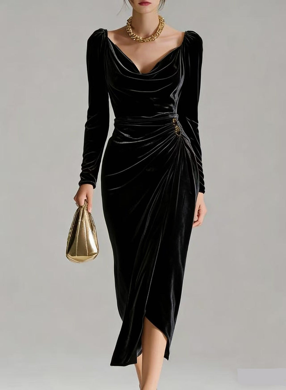 Women's Draped Velvet Midi Dress with Cowl Neckline