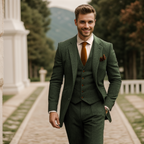 Men's three-piece textured suit with notched jacket, buttoned waistcoat and tailored trousers