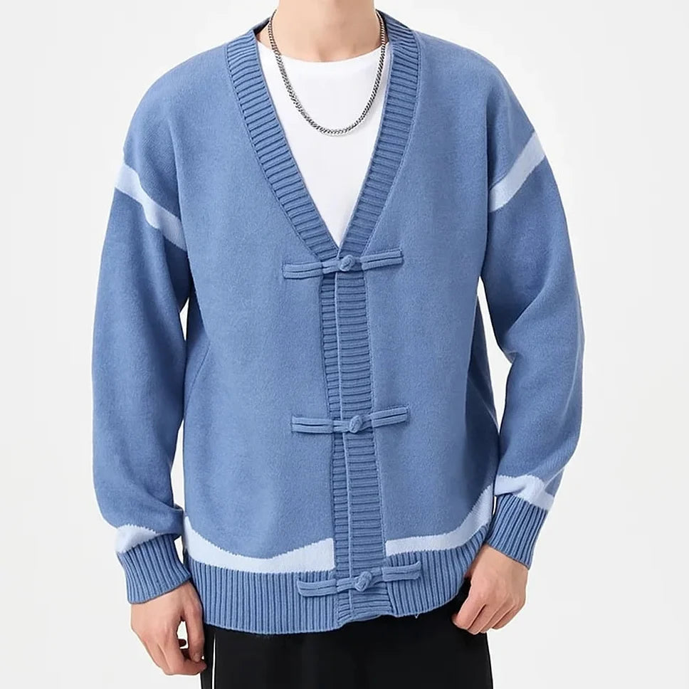 Men's striped V-neck cardigan sweater with long sleeves and tie closures
