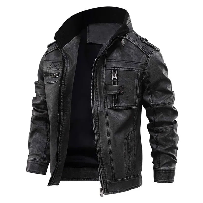 Men's black faux leather jacket with multiple pockets
