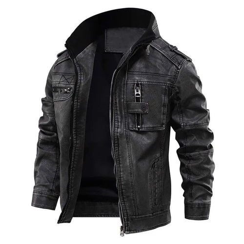 Men's black faux leather jacket with multiple pockets
