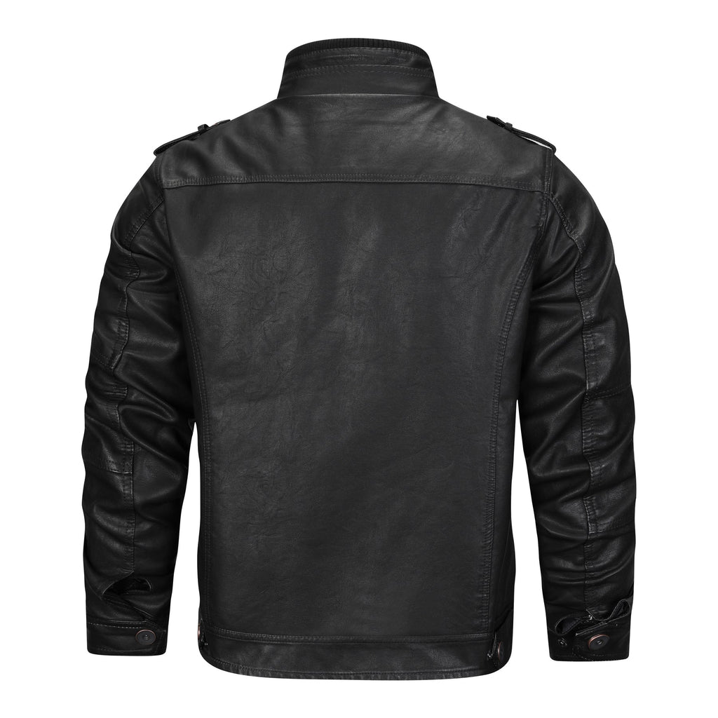 Men's black faux leather jacket with multiple pockets