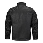 Men's black faux leather jacket with multiple pockets