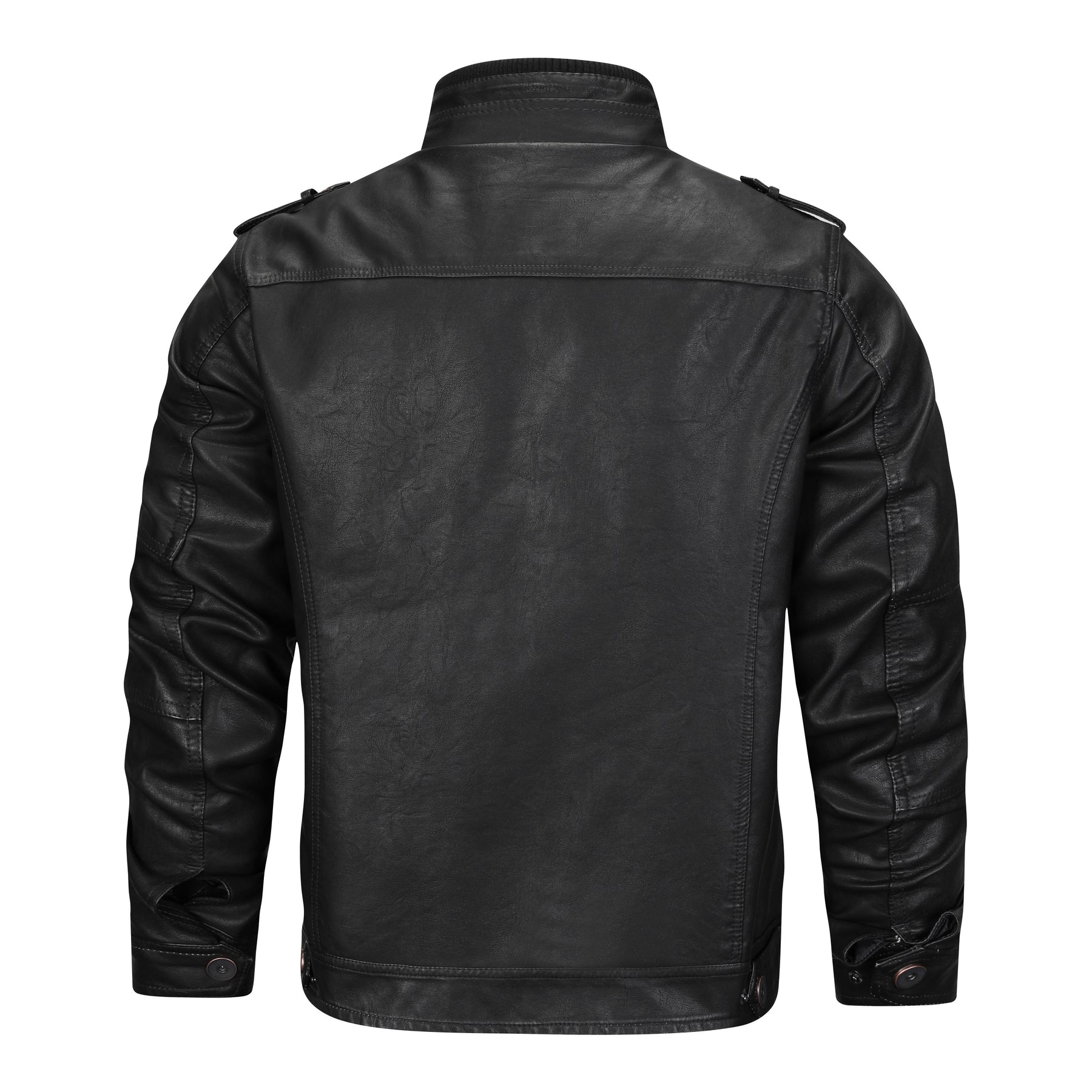 Men's black faux leather jacket with multiple pockets