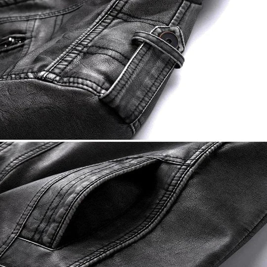 Men's black faux leather jacket with multiple pockets