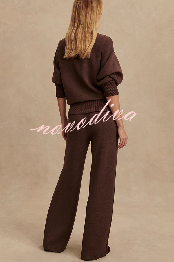 Women's ribbed half-zip sweatshirt and wide-leg trousers set