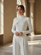 Women's white high neck sweatshirt with asymmetric pleated shoulder