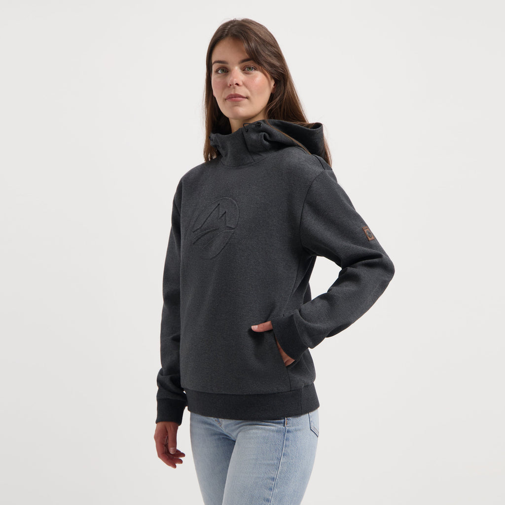 Women's dark grey hooded sweatshirt with long sleeves and ribbed trims
