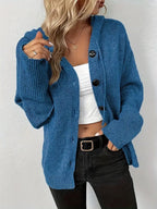 Women's hooded knitted cardigan with button front, long sleeves and ribbed cuffs