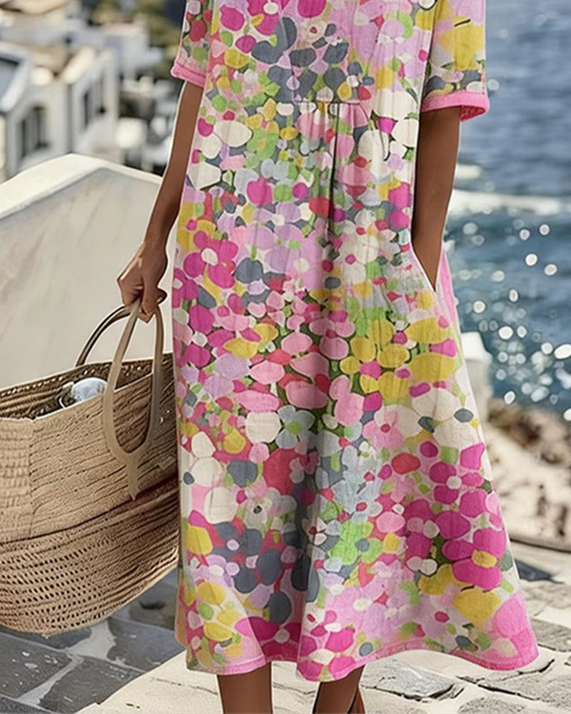Women's multicolour floral print midi dress with round neck and 3/4 sleeves
