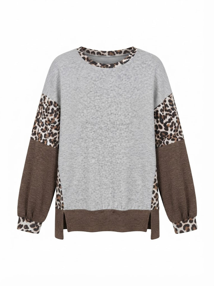 Grey and Brown Colorblock Top with Leopard Print Details