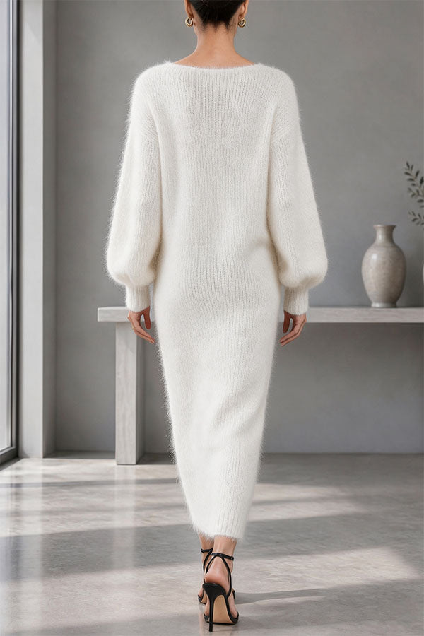 Women's textured knit V-neck midi dress with buttons, balloon sleeves and side slit