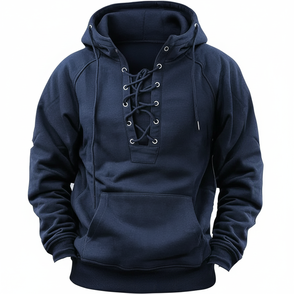 Men's lace-up hooded sweatshirt with long sleeves and kangaroo pocket