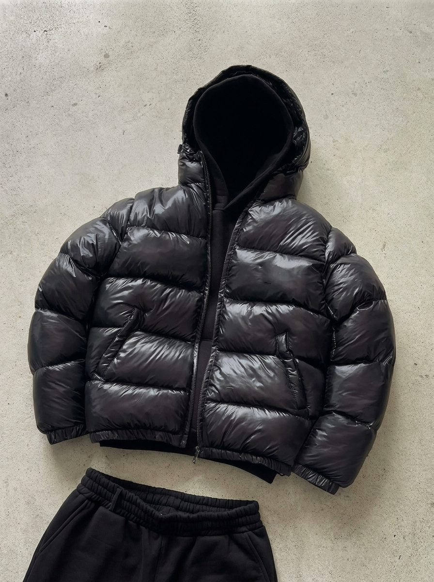 Men's hooded quilted puffer jacket with zip front and front pockets