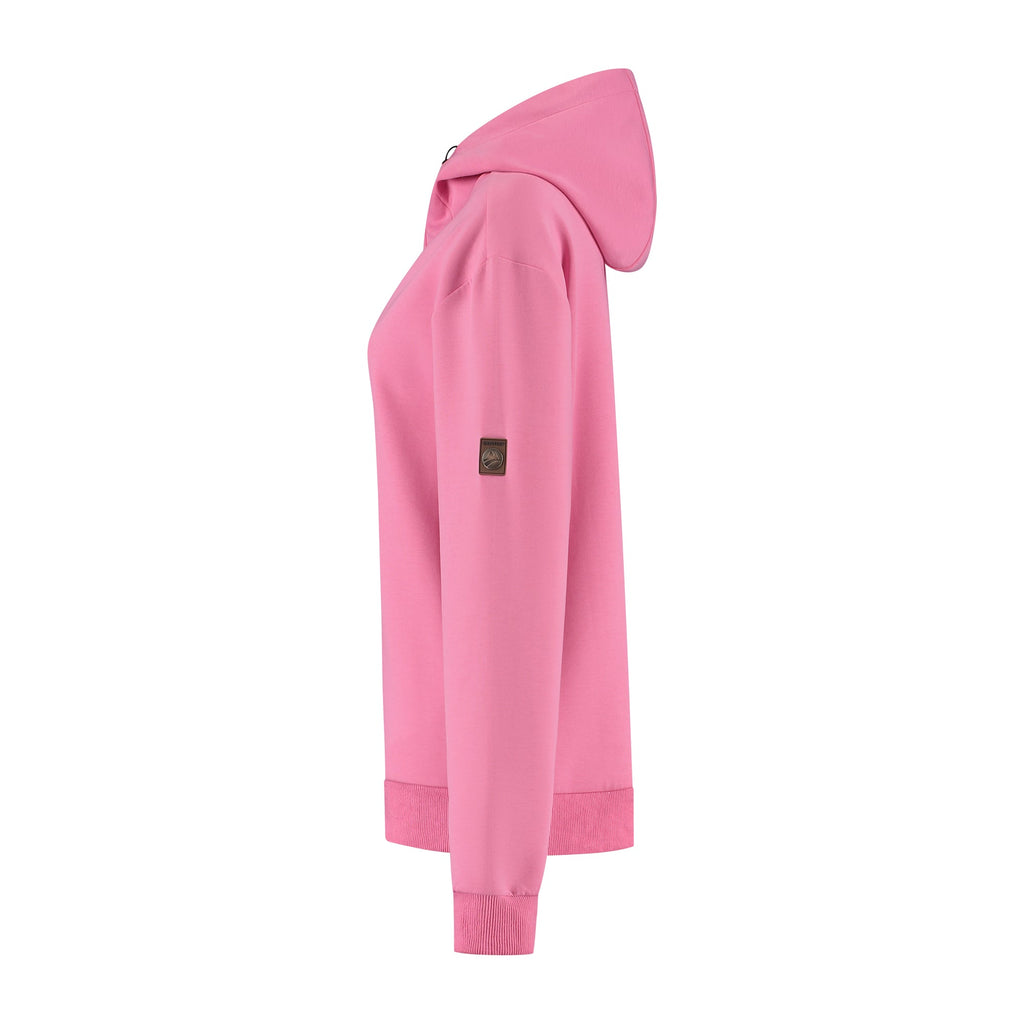 Women's pink hooded sweatshirt with long sleeves and ribbed trims