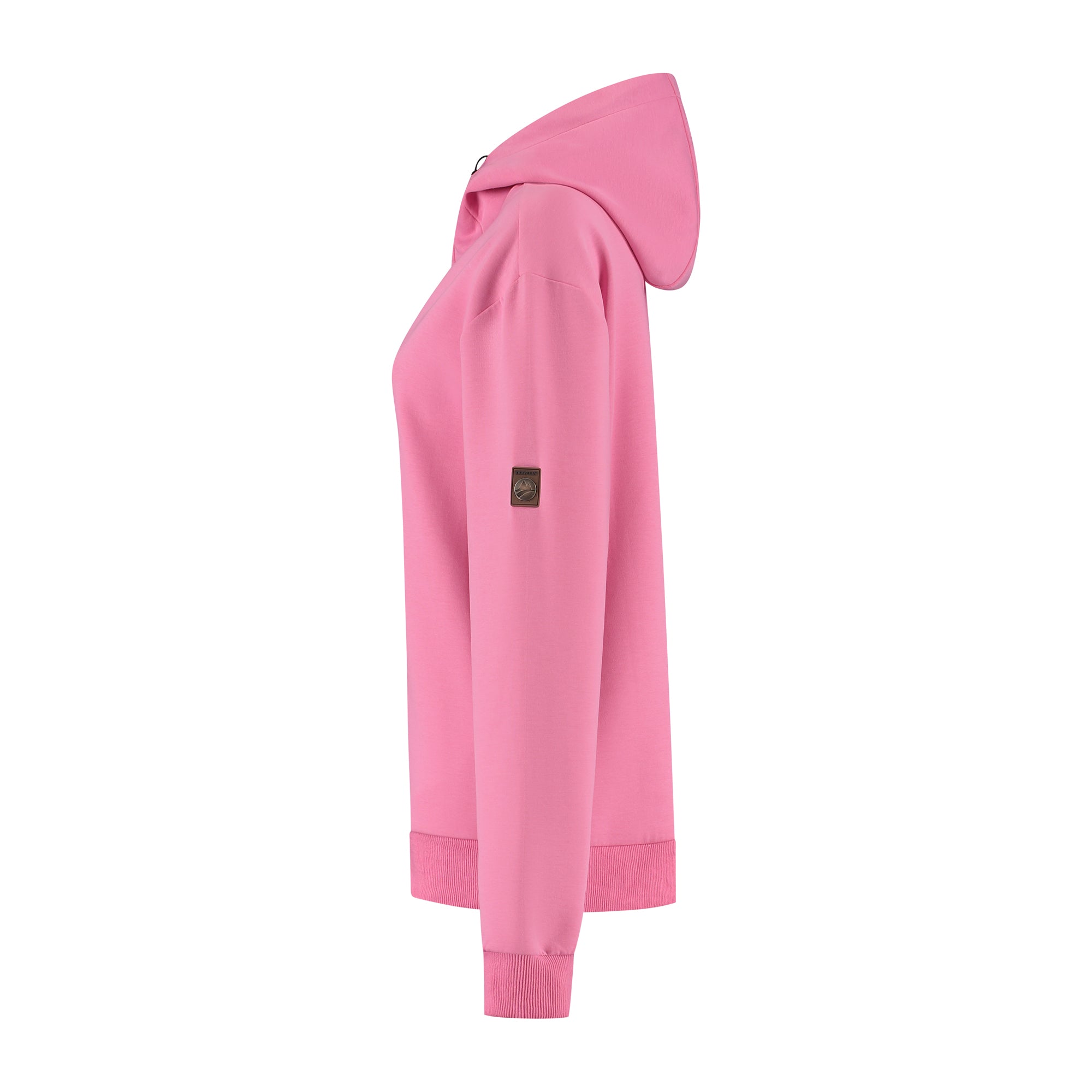 Women's pink hooded sweatshirt with long sleeves and ribbed trims