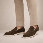 Men's slip-on moc toe loafers with flat white soles