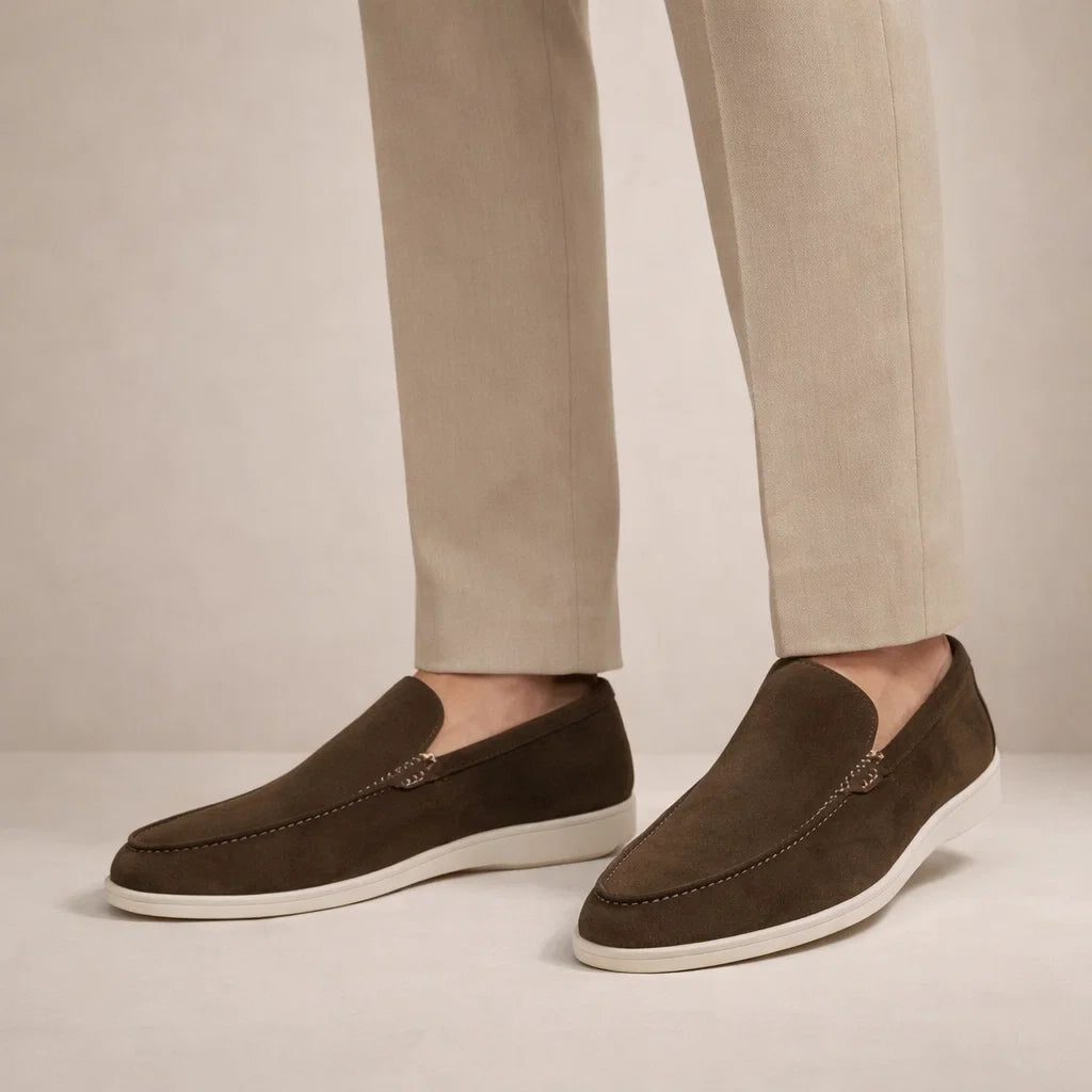 Men's slip-on moc toe loafers with flat white soles