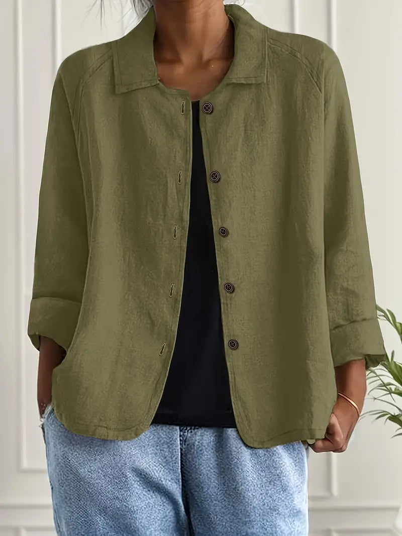 Women's collared shirt-style cardigan with button front and long sleeves