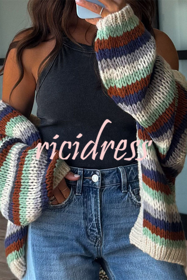 Women's multicoloured striped knit cardigan with open front and balloon sleeves