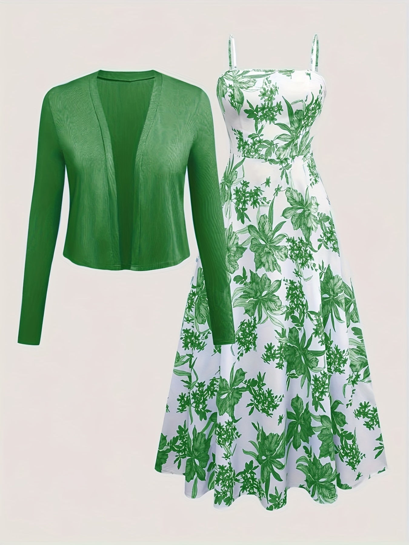 Women's floral midi dress with sweetheart neckline and matching long-sleeve cardigan