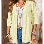 Women's open front textured cardigan with three-quarter sleeves