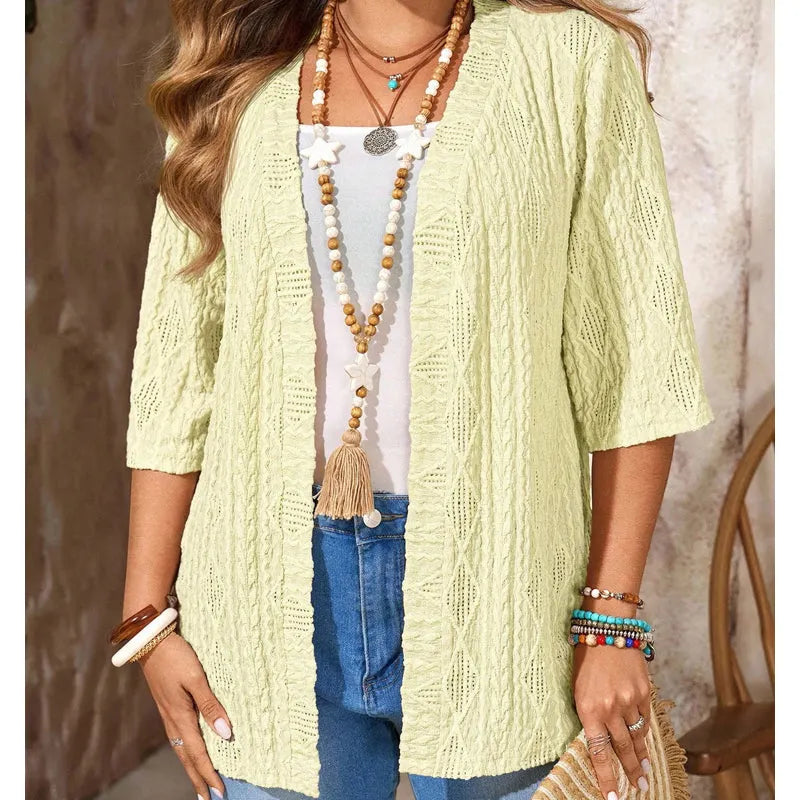 Women's open front textured cardigan with three-quarter sleeves