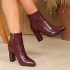 Women's burgundy pointed toe ankle boots with block heels