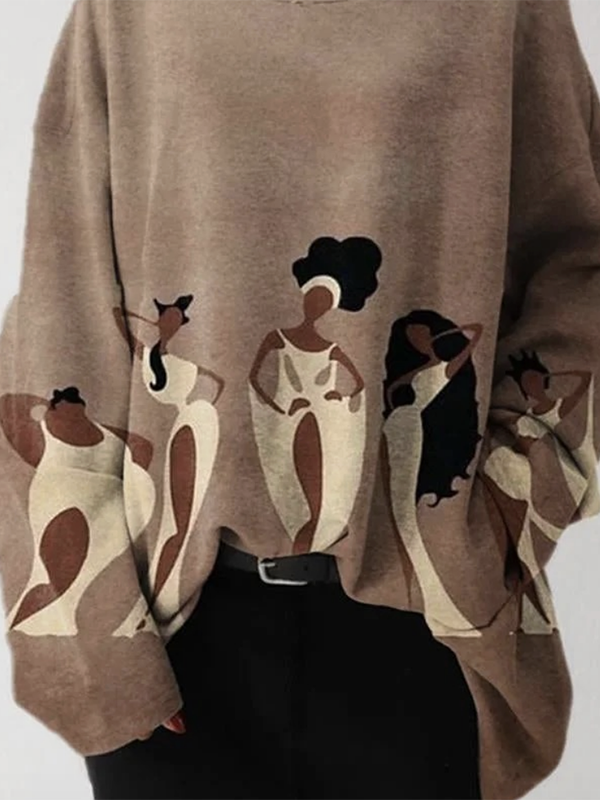Women's camel hooded sweatshirt with abstract figure print and long sleeves
