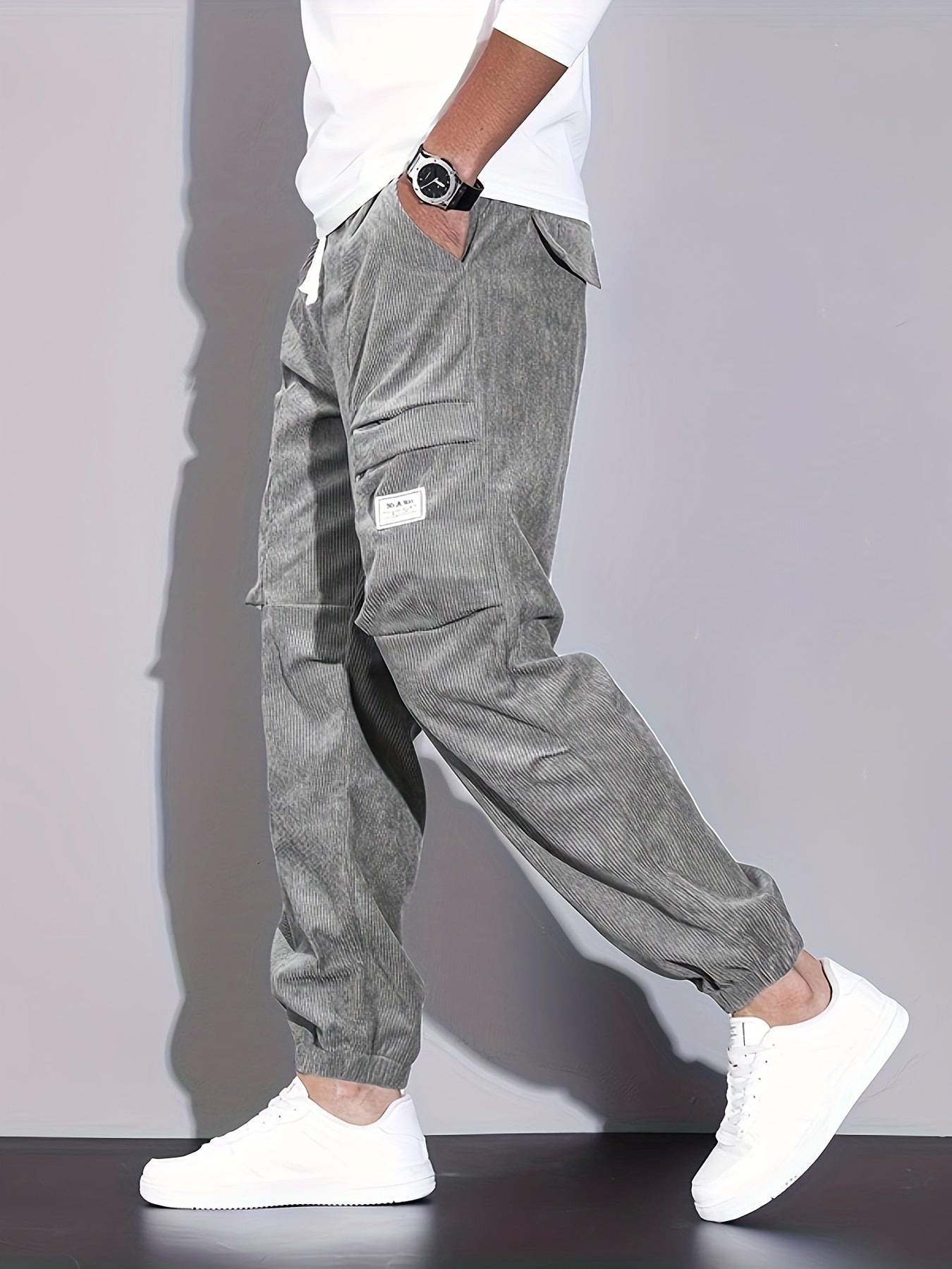 Men's corduroy cargo trousers with drawstring waist and cuffed hems