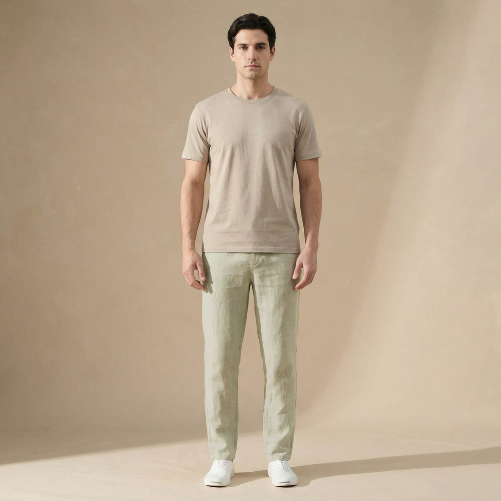 Men's regular fit trousers with an elastic drawstring waist and tapered legs
