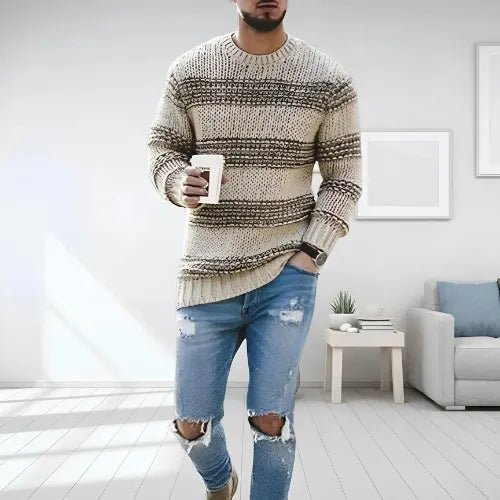Men's striped knit sweater with crew neckline and long sleeves