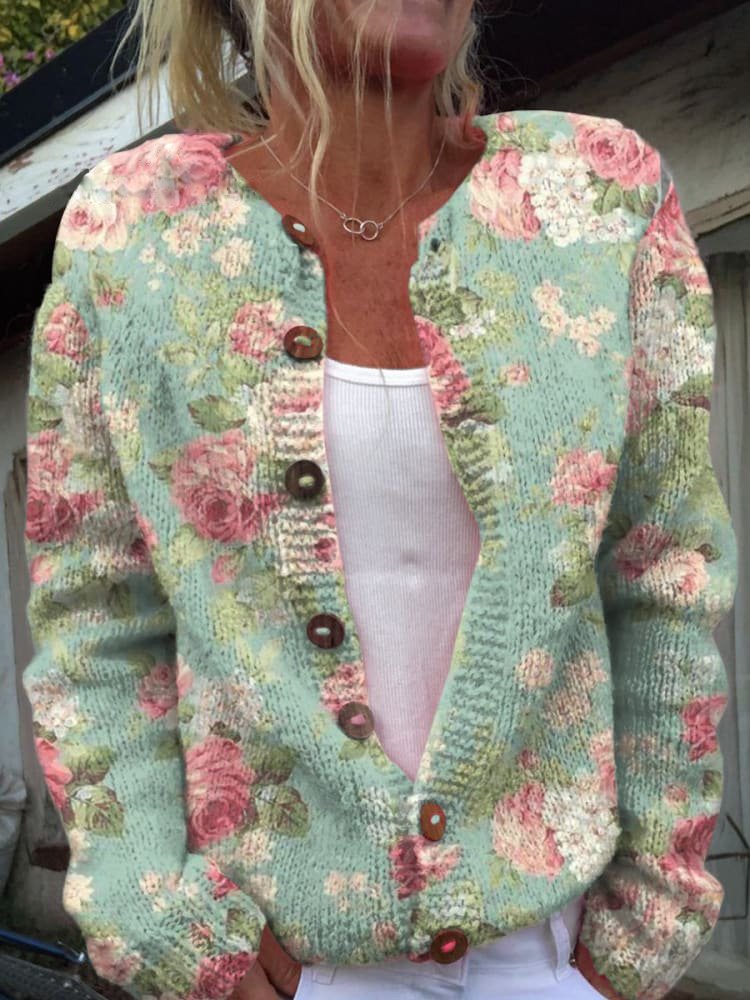 Women's floral button-front vest with long sleeves
