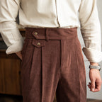 Men's pleated corduroy trousers in coffee and blue
