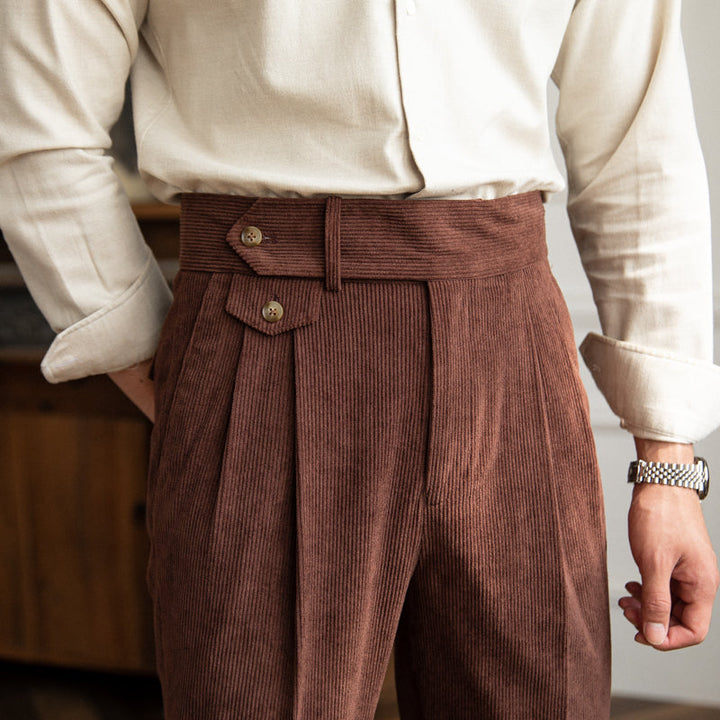 Men's pleated corduroy trousers in coffee and blue