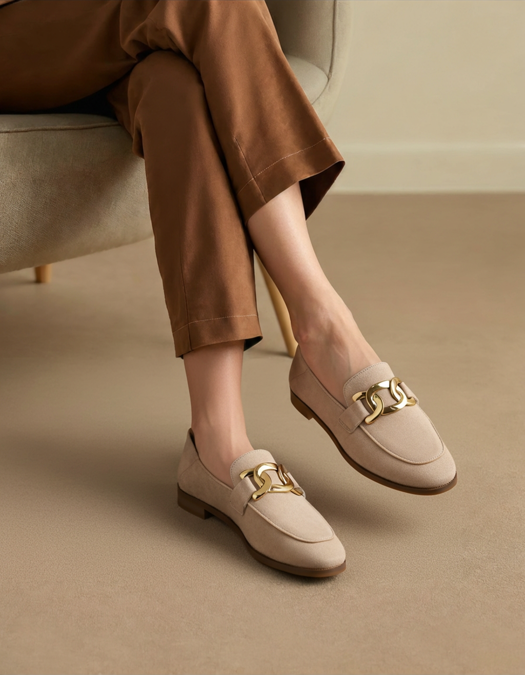 Women's slip-on loafers with gold-tone chain detail and low heel