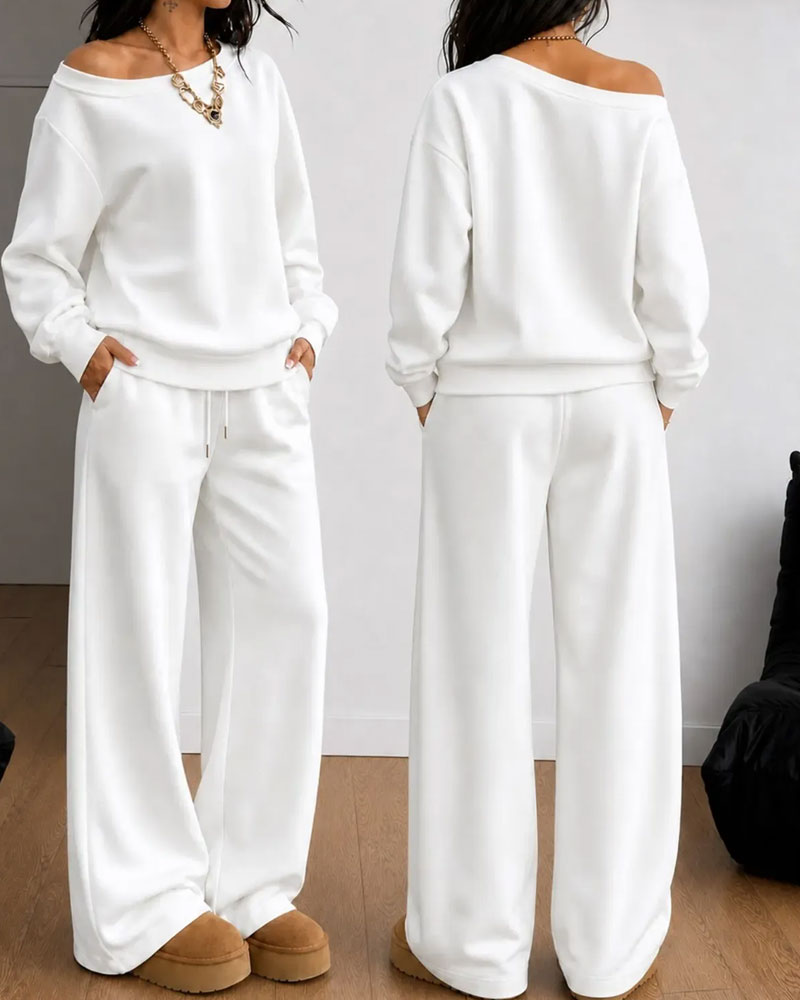 Women's one-shoulder sweatshirt and wide-leg trouser set