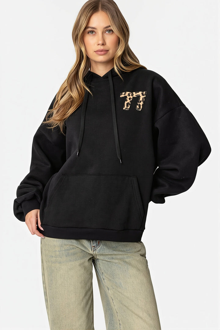 Women's oversized pullover hoodie with number graphic and kangaroo pocket