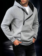 Men's hooded sweatshirt with diagonal zip detail and kangaroo pocket