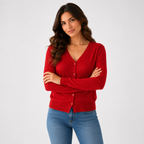 Women's long-sleeve V-neck button-front cardigan with ribbed trims