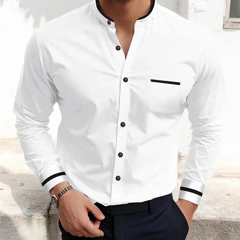 Men's long-sleeve grandad collar shirt with contrast cuff and chest pocket trims